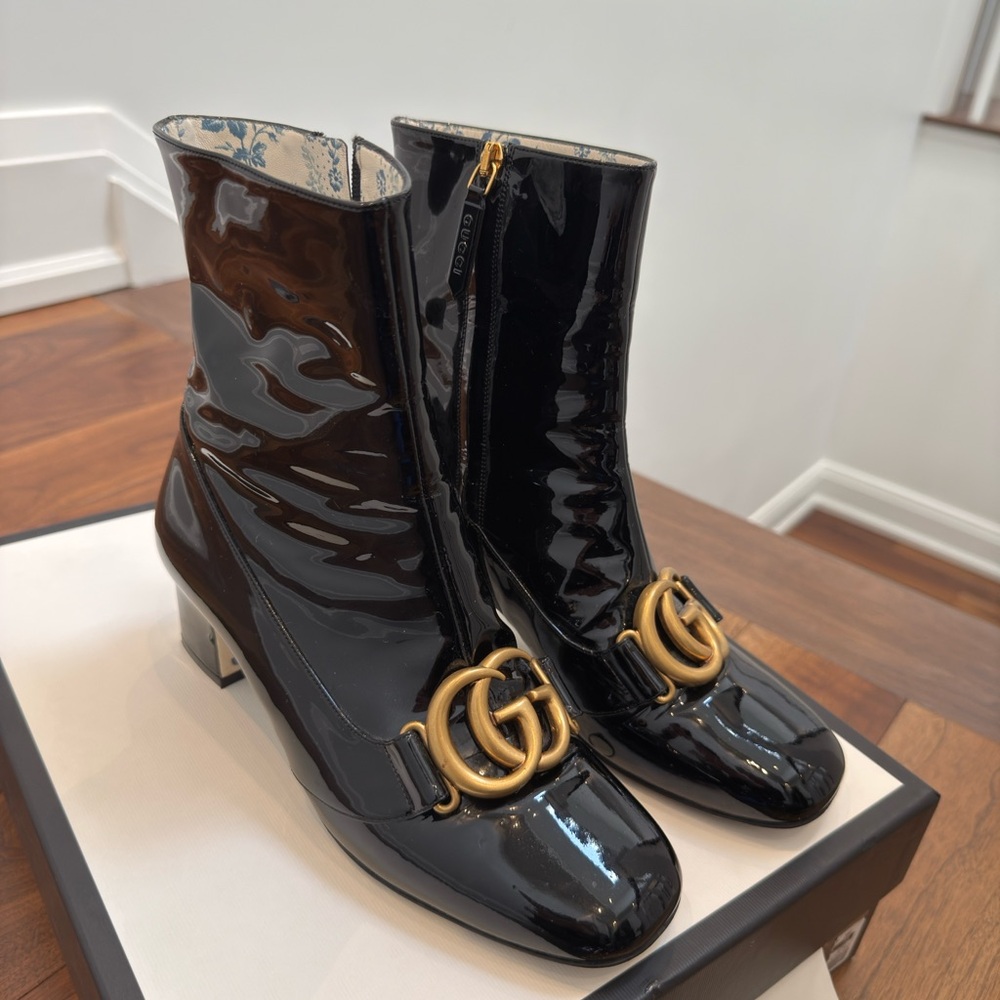 GUCCI Black Patent Leather Boots with Gold GG Logo-comes with box and dusters